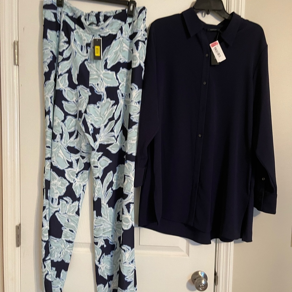 Natori pants. Navy, teal, flowered